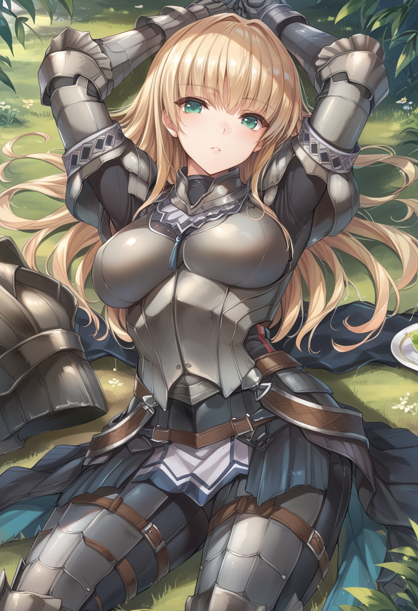 (score_9:0.9),score_8_up,score_7_up,rating_safe,anime style,(zPDXL),(zPDXL3),<lora:Kushala Armor ponyXL v1:0.7>,kushala armor,1girl,solo,long hair,blonde hair,large breasts,looking at viewer,silver shoulder armor,silver breastplate,silver armored gauntlets,kushala girl,green eyes,forest, silver armored boots,lying,arms up,