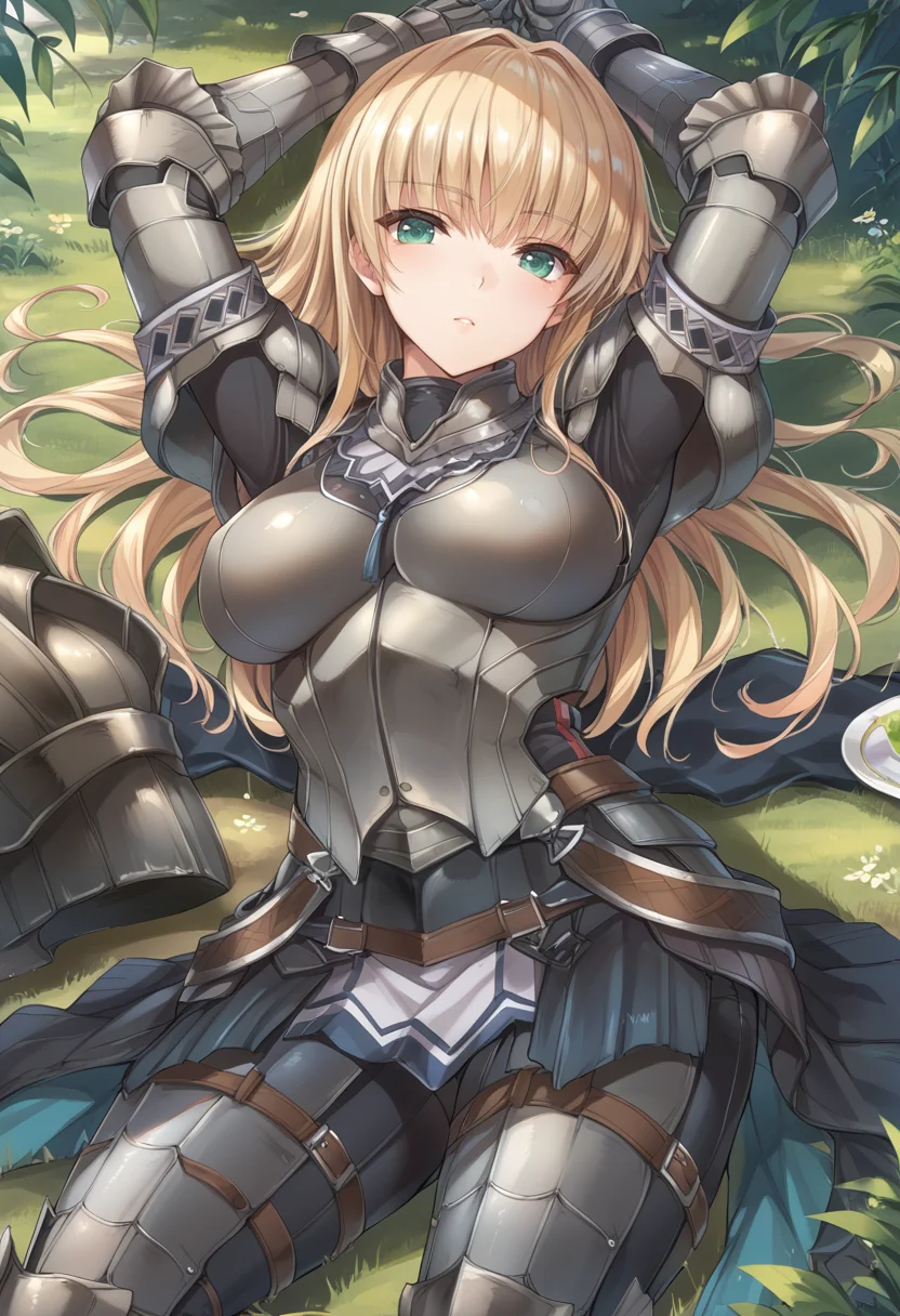 (score_9:0.9),score_8_up,score_7_up,rating_safe,anime style,(zPDXL),(zPDXL3),<lora:Kushala Armor ponyXL v1:0.7>,kushala armor,1girl,solo,long hair,blonde hair,large breasts,looking at viewer,silver shoulder armor,silver breastplate,silver armored gauntlets,kushala girl,green eyes,forest, silver armored boots,lying,arms up,