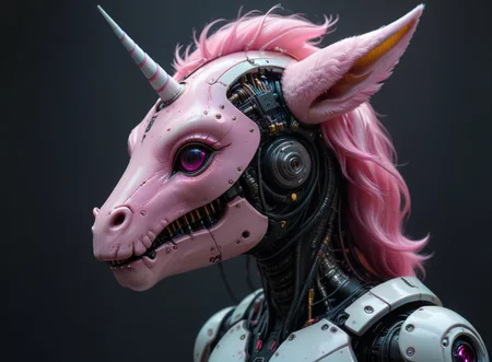 scifi photoshot, pink fluffy alien (unicorn:1.3) species head cyborg profile, highly detailed, electrical components, sad, fluffy, clean <lora:alien-species:1>