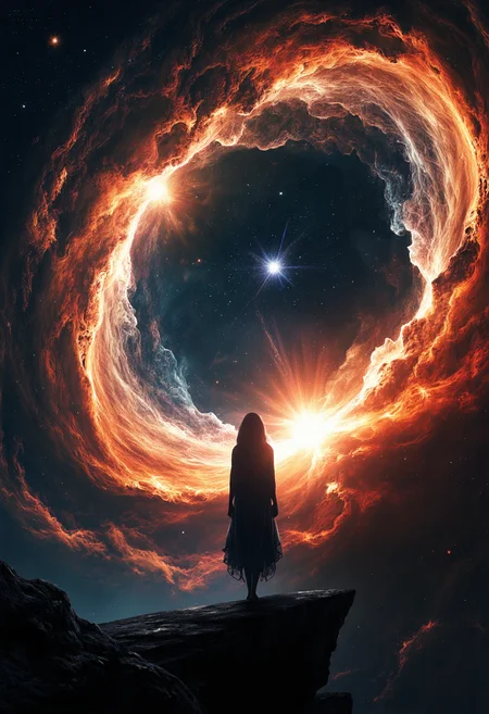 In the midst of a vast, endless cosmic nebula where time and space seem to fold into one another, a singular figure emerges. A woman with sharp, angular features, standing on the edge of a universe that curves infinitely. Her freckles glisten across her skin like the remnants of a dying star, each one a miniature sun burning in hues of red, orange, yellow, white, and blue. Her eyes, glowing with the raw energy of a supernova, cast light that dances across the void. Her lips, as red as molten magma, contrast with the darkness, while her hair, composed of fine cosmic filaments, spirals out like delicate strands of universal matter, tethering her to the very fabric of existence.  <lora:dark_fantasy_flux:0.8>  <lora:Flux_spirals_of_light:0.8> <lora:MidjourneyV6.1:0.8> midjourneyv6.1