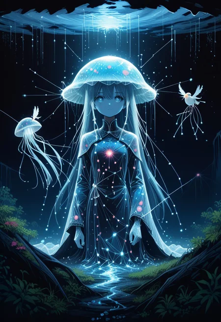 masterpiece, best quality, good quality, very awa, newest, highres, absurdres, ,score_9, score_8_up, score_7_up, 
Giant translucent jellyfish drifting through the clouds, soft bioluminescent glow illuminating the mist, with tiny birds perched on its tendrils
<lora:illustriousXL_stabilizer_v1.23:0.3> <lora:NOOB_vp1_detailer_by_volnovik_v1:0.3> <lora:ponyv6_noobE11_2_adamW-000017:0.3> <lora:114558v4df2fsdf5:0.7> <lora:mon_monmon2133:0.6>