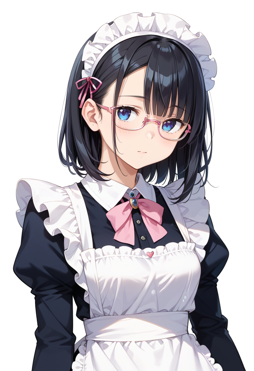 score_9, score_8_up, score_7_up, rating_safe, masterpiece, best quality, absurdres, unity 8k wallpaper, official art, official style, source_anime, uncensored, game cg, megami magazine,
1girl, solo, black hair, medium hair, upper body, covered eyes,maid, maid headdress, black dress, maid apron, face focus,
underrim_metal, glasses, still life, white background, simple background, under-rim eyewear, pink-framed eyewear, 
 <lora:glasses_underRimMetal_PONY_V1:1>