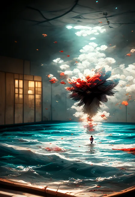 score_9, score_8_up, score_7_up, source_anime, jumping girl, solo, white eyes, tanlines, sandals, fiberoptic hair, translucent, blood splatter, messy sticker, dappled sunlight, window, submerged room, realistic, photoreailstic, extremely detailed, 8k, best quality, amazing quality, best aesthetic, absurdres, mjv3 <lora:mjv3_pony-2:2>