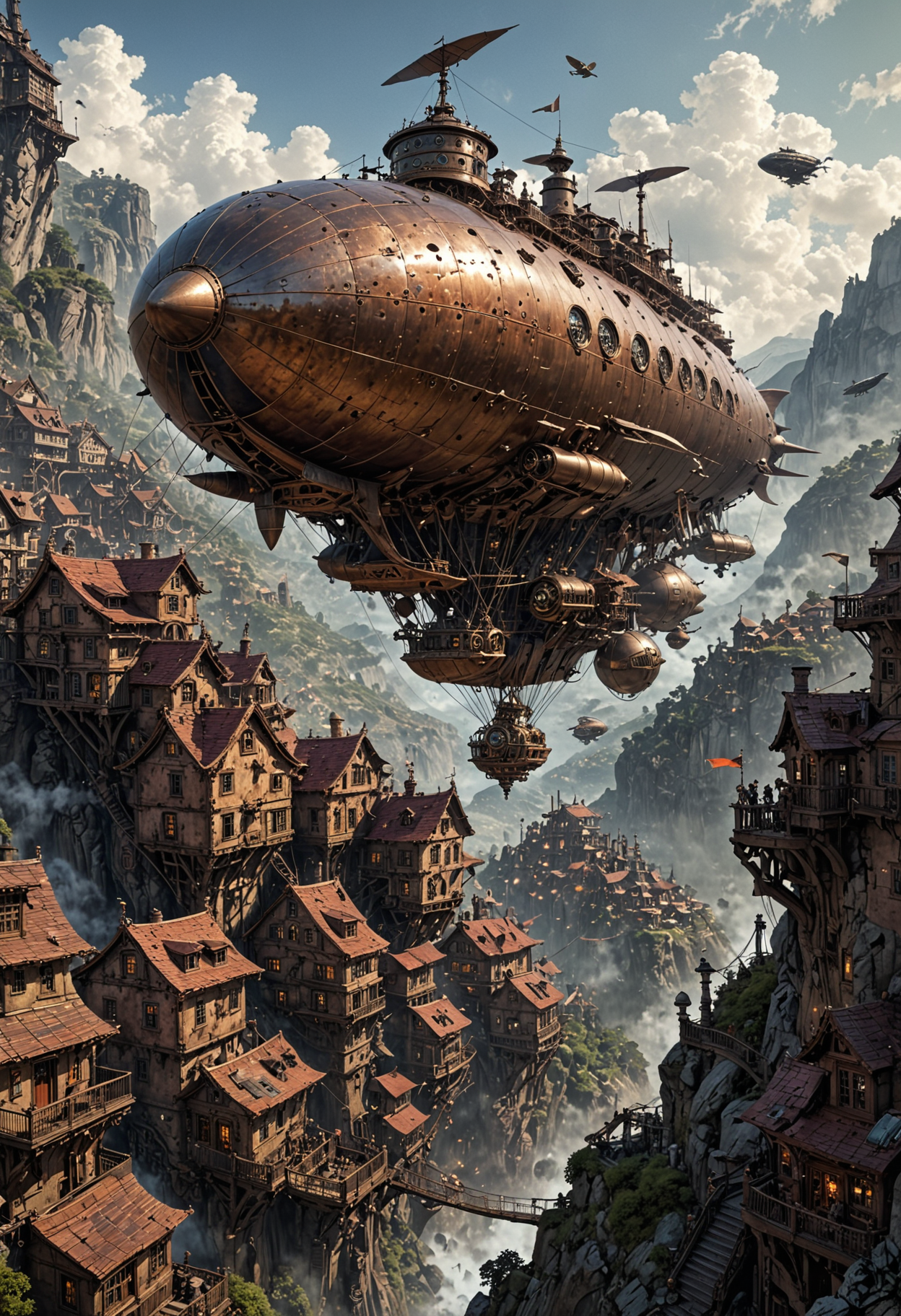 A bustling fantasy city rises from a mountainside. Steampunk airships dot the skies.  <lora:EpicF4nta5yXL:0.8>