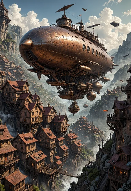 A bustling fantasy city rises from a mountainside. Steampunk airships dot the skies. <lora:EpicF4nta5yXL:0.8>