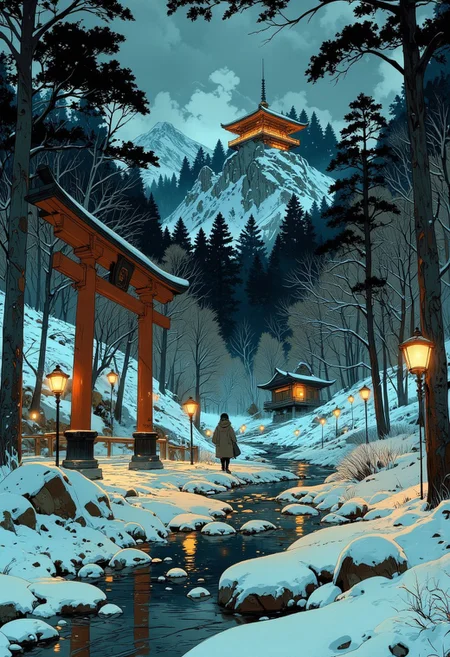 A quiet and sacred winter night at the shrine, where the entire scene is blanketed in soft, untouched snow. The tall cedar trees are heavy with frost, their branches sparkling under the pale glow of lanterns. The water stream has frozen over, its surface reflecting the warm golden lights like a mirror. The torii gate stands strong amidst the snow, its deep red color contrasting beautifully with the icy blues and whites of the landscape. A lone traveler in a thick winter cloak approaches the shrine, their footprints the only marks in the pristine snow. The temple atop the mountain radiates a warm, inviting glow, standing as a beacon of light in the peaceful winter silence. Snowflakes drift down gently, adding to the serene magic of the moment. VibrantlySharp style., Anime art