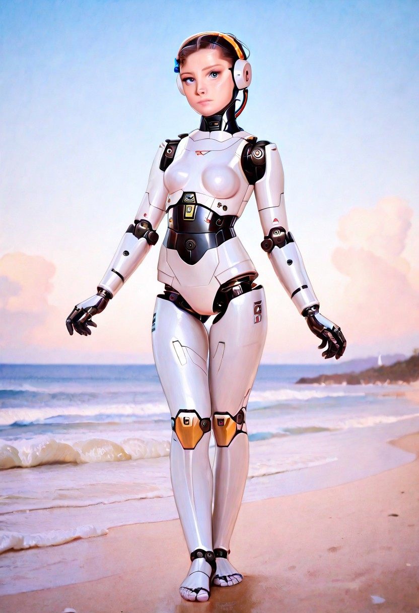 masterpiece,best quality,amazing quality ,1girl,18yo,solo,breasts,blue eyes,outdoors,sky,day,cloud,ocean,beach,robot,science fiction,android,cable,joints,robot joints,mechanical parts,humanoid robot,woman robot,A photo-realistic shoot from the front about a humanoid robot standing on a beach with a clear blue sky and ocean in the background.the image also shows a solo female robot,standing in the middle of the image,facing the viewer with her blue eyes looking directly at the viewer.the robot has a sleek,metallic white body with black wires attached to it,giving it a futuristic appearance.it has a smooth,polished appearance and is wearing no clothing,no pants,no shoes,and no accessory.the woman has a slender build and is barefoot,with her arms at her sides.the background features a clear sky with fluffy white clouds and the ocean,with a small island in the distance.