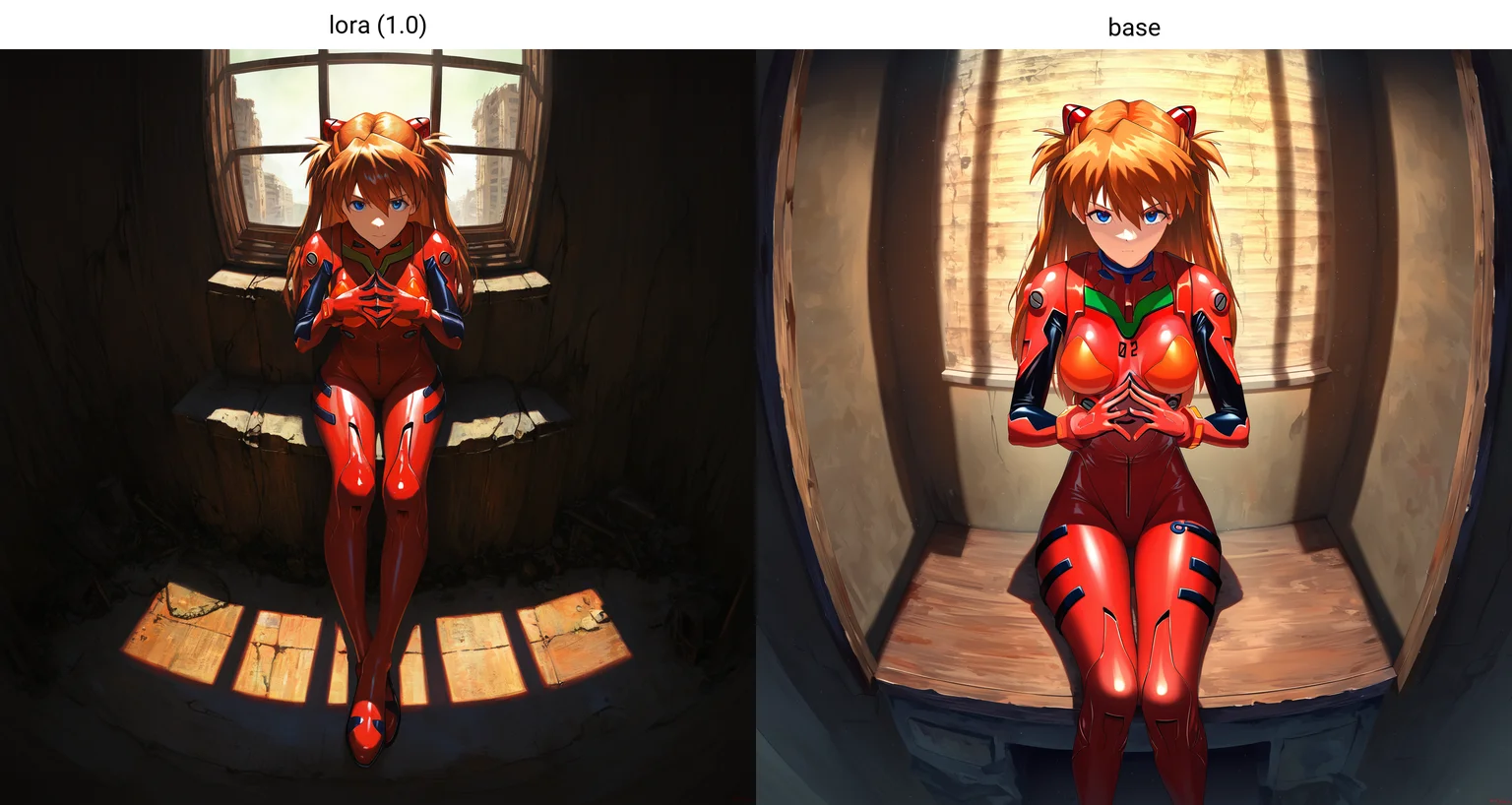 masterpiece, best quality, absurdres, oil painting medium, chiaroscuro, asuka langley, plugsuit, sitting, steepled fingers, looking at viewer, sideways glance, window shadow, fisheye, ruins