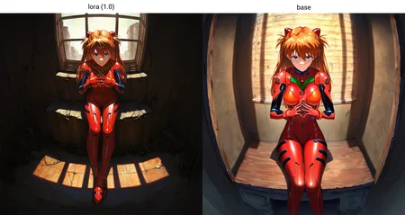 masterpiece, best quality, absurdres, oil painting medium, chiaroscuro, asuka langley, plugsuit, sitting, steepled fingers, looking at viewer, sideways glance, window shadow, fisheye, ruins