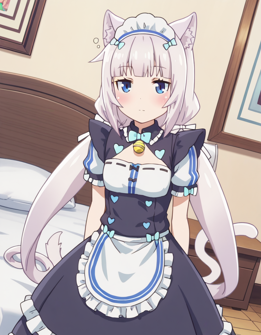 score_9, score_8_up, score_7_up, source_anime,
nekoparavanilla, <lora:nekopara-vanilla-s1-ponyxl-lora-nochekaiser:1>,
vanilla, long hair, bangs, blue eyes, animal ears, twintails, very long hair, white hair, cat ears, blunt bangs, animal ear fluff, low twintails, cat girl,
dress, bow, tail, short sleeves, frills, bowtie, apron, cat tail, maid, maid headdress, bell, cat girl, waist apron, jingle bell, neck bell, waitress,
indoors, bed, bed room, on side, blush, drunk,
looking at viewer, solo, cowboy shot, dutch angle,