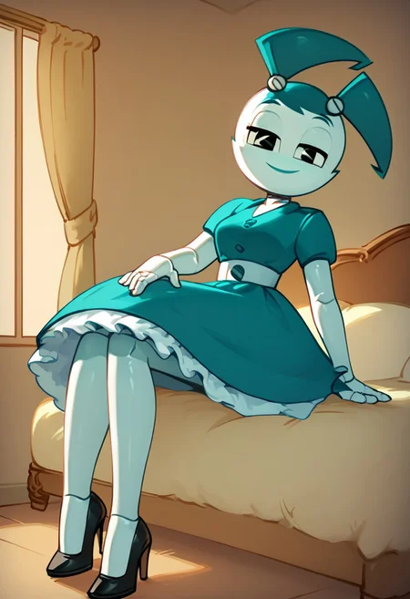 (Masterpiece, best quality:1.2), score_9, score_8_up, flat color, flat shading, soft shading, lighting, Jenny Wakeman as an adult, in a 1950's full length formal blue skirt, a white belt, button down v-neck formal black top, a fluffy frilly ruffled full white petticoat, and black high heels, dress, layered petticoat, frilly petticoat, fluffy petticoat, full petticoat, detailed petticoat ((wide skirt, detailed outfit, flowing skirt, long skirt, solid blue colored skirt, black high heels)), blue hair, series accurate, cute, best high quality, high res, robot, humanoid robot, medium breasts, whole body shot, 1girl, ((solo, inside, in a romantic bedroom, sitting on the bed, sitting, bent knees, looking at you, low angle)), cute, seductive, seductive smile, half lidded eyes, low angle shot, cartoon, cartoon style, vector, solo, circle dress, 1950s, whisperfoot_style, dance dress jenny, jenny wakeman, 1girl, solo, robot joints, black eyes, white skin, ponytail, hair bow, blue rose chest corsage, poofy dress, blue hair, flat lighting