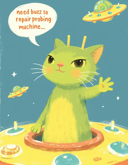 a green alien cat facing the camera in a begging gesture, he has two snail-like antennas on his head, he's standing outside of his UFO style spaceship, his text bubble says ''need buzz to repair probing machine'' <lora:qiu_crayon:0.8> crayon