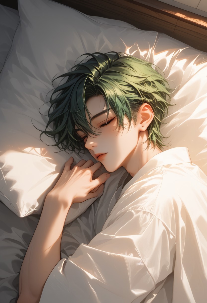 Score_9, Score_8, Score_7,masterpiece quality, full body, perfect eyes, perfect face, perfect ears, perfect anatomy, perfect hands, intricate details, BREAK,1boy, antherima, solo, 20 years old, dark green hair, hair between eyes, asymmetrical hair parting, lying in bed ,BREAK,
bedroom, low light, light rays