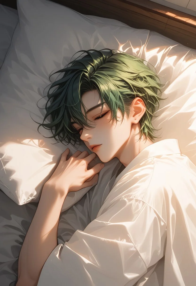 Score_9, Score_8, Score_7,masterpiece quality, full body, perfect eyes, perfect face, perfect ears, perfect anatomy, perfect hands, intricate details, BREAK,1boy, antherima, solo, 20 years old, dark green hair, hair between eyes, asymmetrical hair parting, lying in bed ,BREAK,
bedroom, low light, light rays