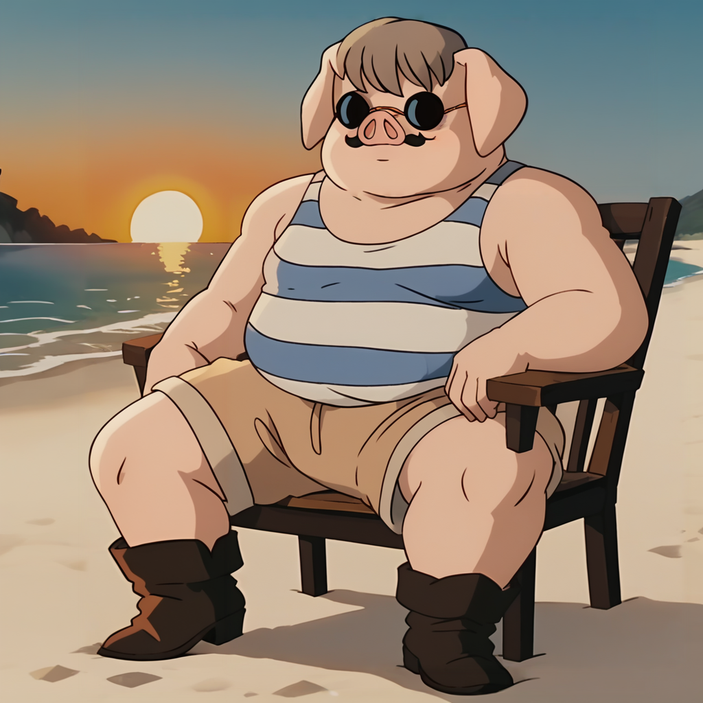 score_9, score_8_up, score_7_up, score_6_up,score_5_up, score_4_up, <lora:porco-v1-17:1> prmarcop, pig man, 1boy, fat, sunglasses, solo, striped tank top, brown shorts, boots, sitting, on chair, sunset, beach
<lora:add-detail-xl:1>