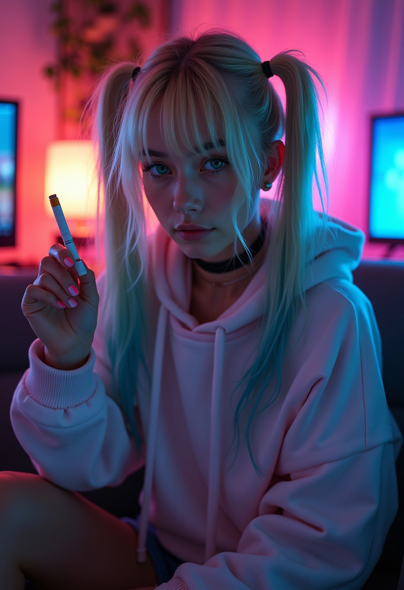 A stunningly sexy photo of a 25-year-old girl with enchanting green eyes and long blonde hair accented by vibrant blue streaks, styled in playful twintails with soft bangs partially covering one eye. She sits comfortably in her cozy room, lit by a mix of warm ambient lighting and vibrant neon hues from her gaming setup, creating a dreamy and immersive atmosphere.
Her outfit features an oversized pastel hoodie that casually drapes off one shoulder, paired with dolphin shorts, revealing her bare legs, adding a touch of effortless beauty. She wears a simple black choker that complements her edgy, gamer aesthetic. Her expression is subtle and indifferent, yet hints at a cheeky, confident charm, holding a cigarette lightly in her hand.
The room is filled with soft shadows and light reflections, creating depth and intimacy. Carefully crafted framing captures her relaxed posture from a slightly low angle, emphasizing her natural allure and drawing the viewer into her personal world. The glow of the gaming setup contrasts delicately with her serene features, highlighting every detail, making her an unforgettable and captivating character.