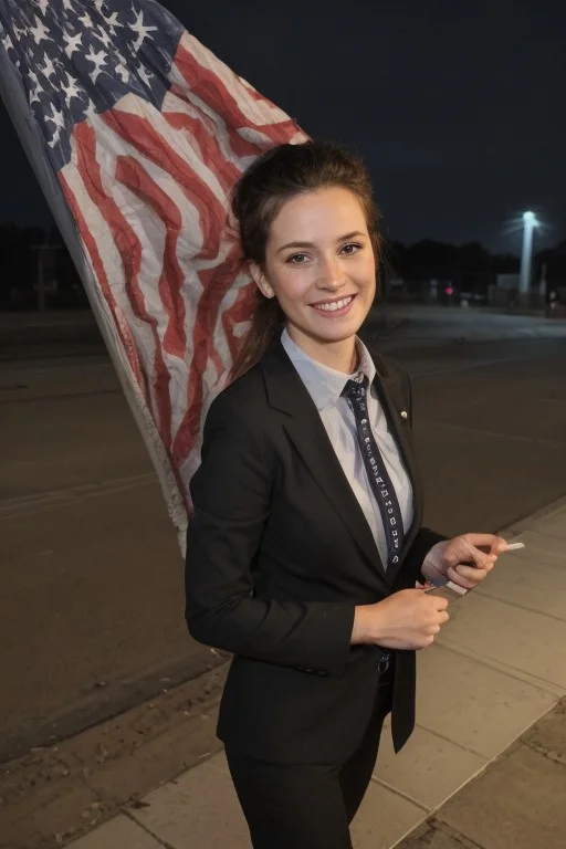 30yo American woman wearing bussiness suit with an American pin on chest.
Holding a flag.
Dark black smooth long hair ponytail. smiling.
Looking at camera.
Dynamic varying pose.
Outside bussiness. Night time,
Night time, dark.