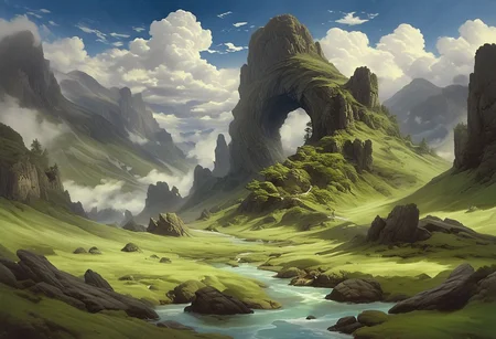 Oil painting, large body of crystal clear water in the center of the image, in the foreground on the left side of the image there is a huge ancient bonsai tree covered in green moss, on the right side of the foreground there are rocky cliffs covered in tall green grass, the sky is bright blue with white puffy clouds, you can see large low opacity planets in the distance in the sky, in the center background of the image there is a tall imposing mountain reaching up to the clouds, on the land there are ominous ancient circle structures covered in moss