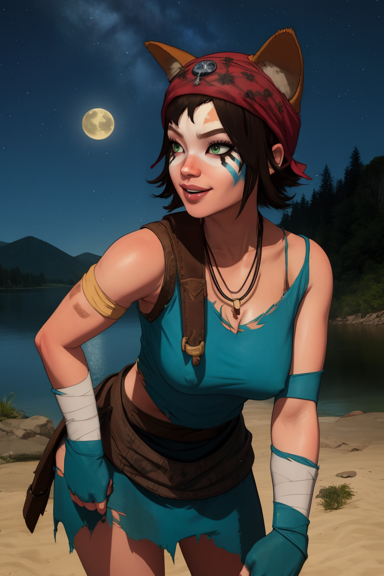 Kai,black hair,short hair,green eyes,facepaint,brown hair,
jewelry,necklace,fingerless gloves,bandages,bandana,torn clothes,cat ear bandana,shoulder tattoos,
standing,upper body,smile,covered nipples,leaning forward,
night,battlefield,lake,cleavage,
(insanely detailed, beautiful detailed face, masterpiece, best quality),<lora:Kai-11HS:0.8>,