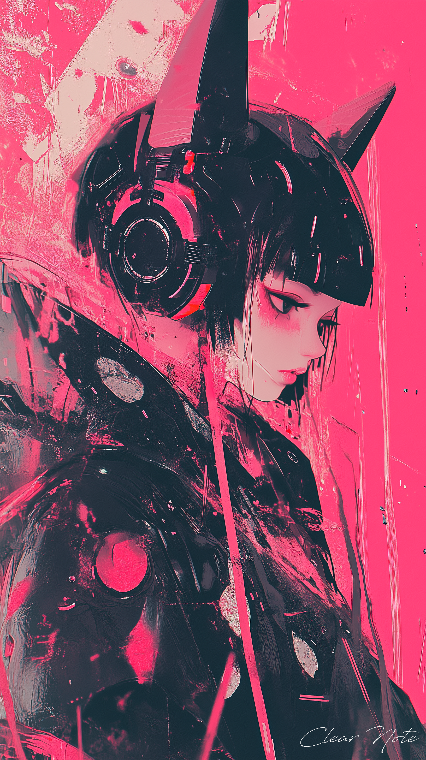 Japanese anime art style, retro futurism, A girl in a cute kimono is looking at me, Cat ears, Futuristic, Cyberpunk, headphone