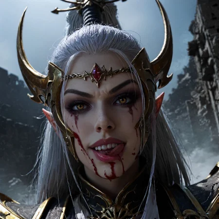 (score_9, score_8_up, score_7_up),
BREAK
gothic architecture, explosion, rubble, dark, grim, fog,
BREAK
dutch angle, close-up, DreadLord, elf, woman, solo, pale gray skin, white hair, helmet, mask, evil grin, head tilt, blood on face, licking blood from lips,
<lora:Bad_Hands_lora:0.8> <lora:add-detail-xl:0.8> <lora:Expressive_H:0.8> <lora:Dark_Elf_Dreadlord_PonyXL_Total_War_Warhammer:0.8>