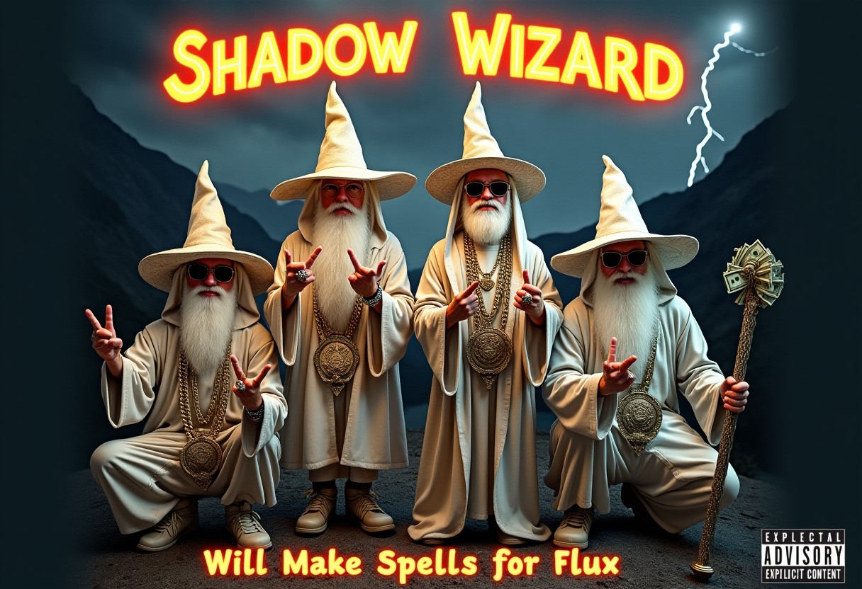 A semi-realistic image of 4 white wizards posing like they’re on a rap album cover. Two are standing, wearing unique wizard hats, while the other two are squatting with different styles of hoods covering their faces. Each wizard wears different flashy outfits with over-the-top bling—huge gold chains, rings, and sunglasses. Making gang signs. Two of the wizards are casting luminous spells. One wizard holds a glowing staff, another flashes stacks of hundred-dollar bills. The background is a gritty, mountain setting. lightning in the sky, perfect for a rap album cover. 'Shadow Wizard Money Gang' is spelled out in bold, glowing letters at the top, with 'Will Make Spells for Flux' at the bottom. An 'Explicit Content' logo is in the corner