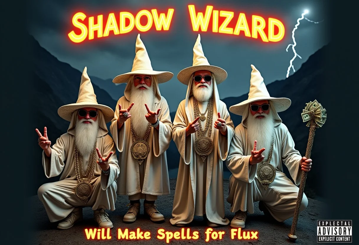 A semi-realistic image of 4 white wizards posing like they’re on a rap album cover. Two are standing, wearing unique wizard hats, while the other two are squatting with different styles of hoods covering their faces. Each wizard wears different flashy outfits with over-the-top bling—huge gold chains, rings, and sunglasses. Making gang signs. Two of the wizards are casting luminous spells. One wizard holds a glowing staff, another flashes stacks of hundred-dollar bills. The background is a gritty, mountain setting. lightning in the sky, perfect for a rap album cover. 'Shadow Wizard Money Gang' is spelled out in bold, glowing letters at the top, with 'Will Make Spells for Flux' at the bottom. An 'Explicit Content' logo is in the corner