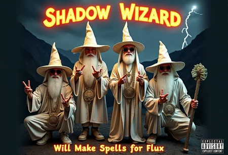 A semi-realistic image of 4 white wizards posing like they’re on a rap album cover. Two are standing, wearing unique wizard hats, while the other two are squatting with different styles of hoods covering their faces. Each wizard wears different flashy outfits with over-the-top bling—huge gold chains, rings, and sunglasses. Making gang signs. Two of the wizards are casting luminous spells. One wizard holds a glowing staff, another flashes stacks of hundred-dollar bills. The background is a gritty, mountain setting. lightning in the sky, perfect for a rap album cover. 'Shadow Wizard Money Gang' is spelled out in bold, glowing letters at the top, with 'Will Make Spells for Flux' at the bottom. An 'Explicit Content' logo is in the corner