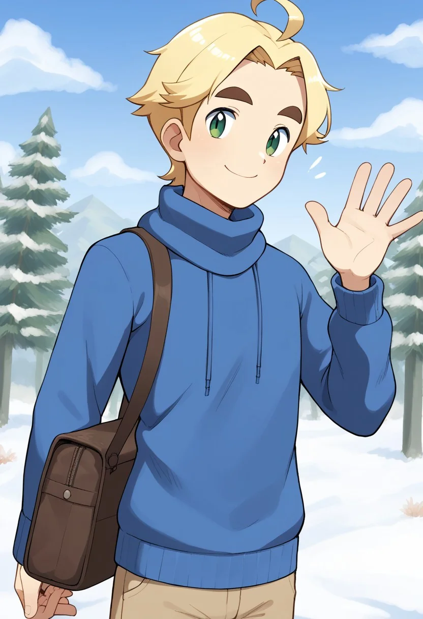 (source_anime, score_9, score_8_up, score_7_up:1), cowboy shot, 1boy, solo, blonde hair, short hair, side swept bangs, ahoge, green eyes, thick eyebrows, smile, waving, looking at viewer, blue sweater, outdoors, snow, trees, sky, clouds