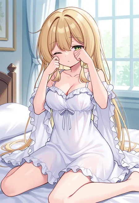 1girl, solo, chanyuusha, blonde hair, very long hair, hair down, medium breasts, green eyes, white dress, sleeveless, cleavage, collarbone, nightgown, frilled shawl, one eye closed, rubbing own eye, sitting, bed, wariza, indoors, day, looking at viewer, sleepy,