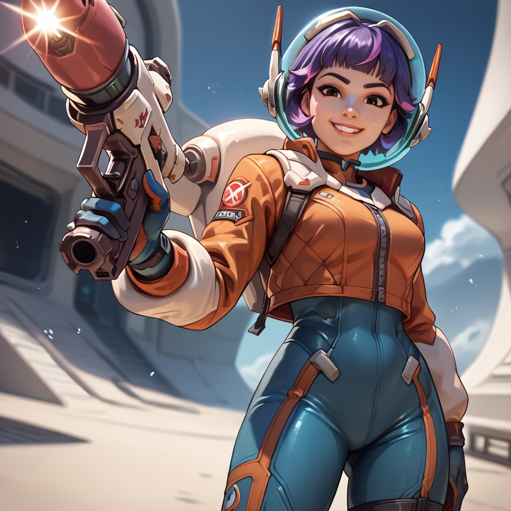 <lora:juno_ow_v1:1>
score_9, score_8_up, score_7_up, score_6_up, score_5_up, score_4_up,
juno overwatch, 1girl, solo, weapon, blaster, purple hair, space helmet, space, holding gun, holding, looking at viewer, smile, short hair, multicolored hair, brown eyes, pink hair, bodysuit