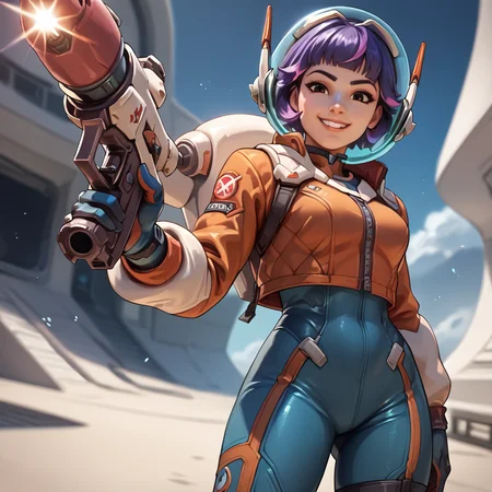 <lora:juno_ow_v1:1>
score_9, score_8_up, score_7_up, score_6_up, score_5_up, score_4_up,
juno overwatch, 1girl, solo, weapon, blaster, purple hair, space helmet, space, holding gun, holding, looking at viewer, smile, short hair, multicolored hair, brown eyes, pink hair, bodysuit