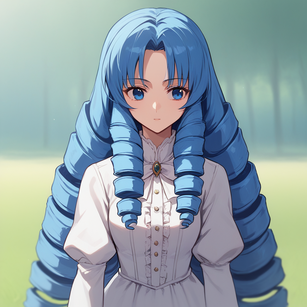 score_9_up, score_8_up, BREAK, HairDrill, drill hair, solo, 1girl, blue hair, long hair, blue eyes, white dress, cowboy shot, depth of field,  <lora:HairDrills_Haircut_PXL_Leaf1:1>