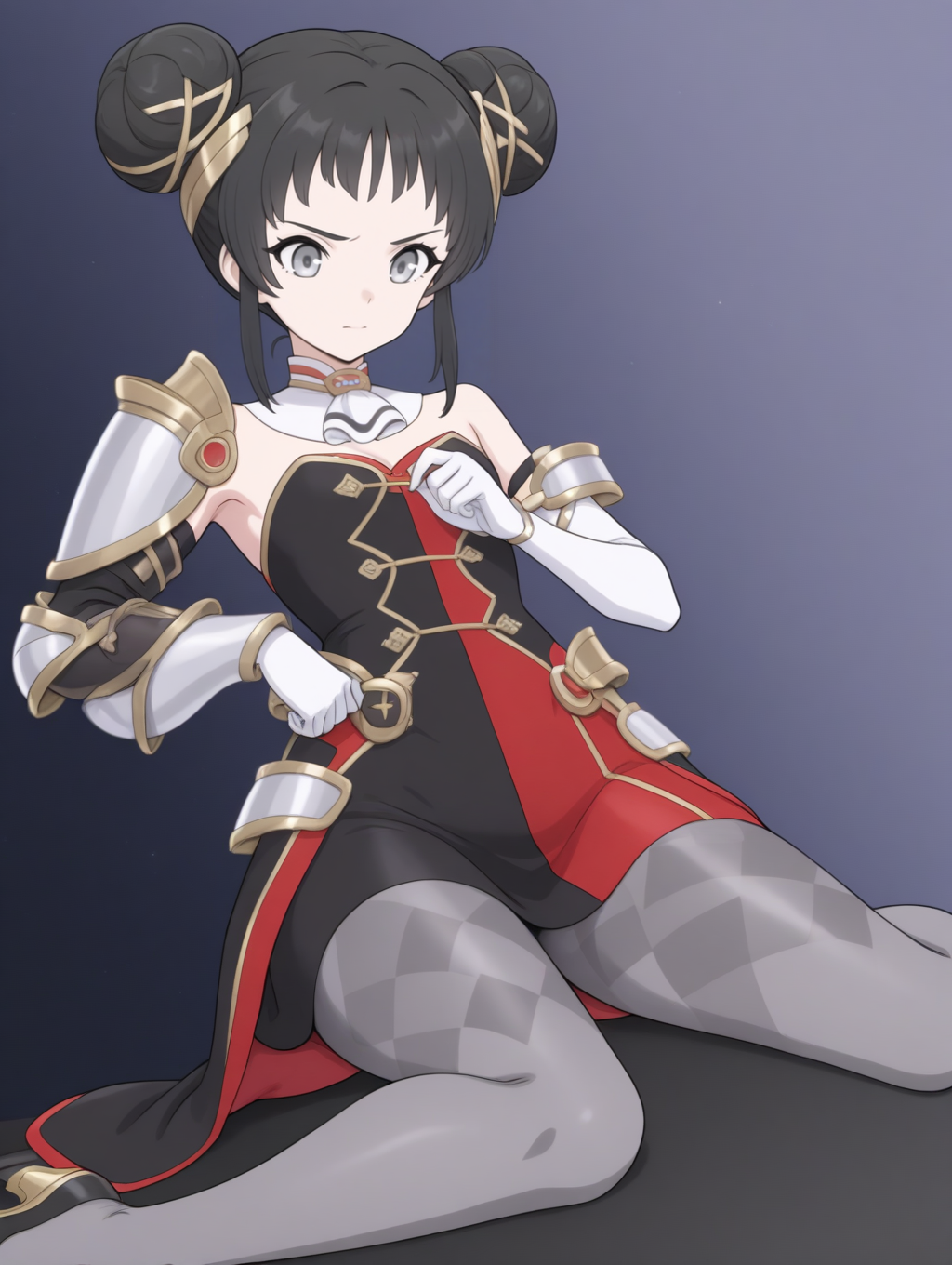 perfect quality,best quality,absolutely eye-catching,ambient occlusion,raytracing BREAK
1girl,<lora:hana IL v1.1>,hana,double bun,black hair,grey eyes,hair ornament,detached collar,white detached sleeves,open coat,  ,short dress,red dress,black dress,argyle pantyhose,gloves,armor,high heels,grey pantyhose,gold hair ornament,, from below,close-up,leaning_back,adjusting_thighhigh,hands_on_hips,wariza,