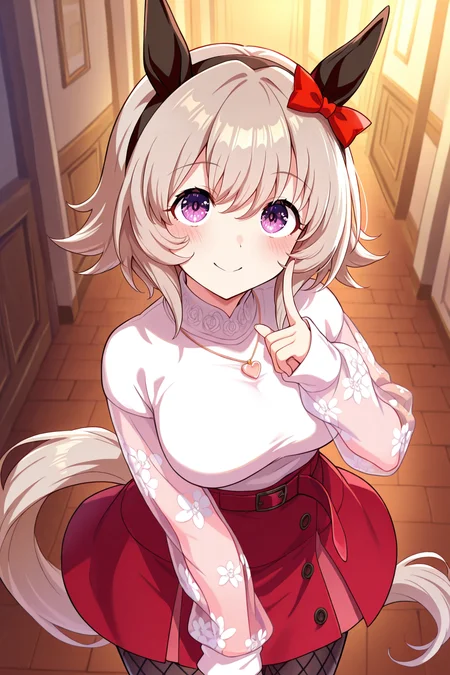 masterpiece,best quality,very aesthetic,absurdres,highres,newest,official art,official style,
1girl,solo,
crc casual, curren chan (umamusume),
animal ears, belt, black pantyhose, blush, bow, ear bow, ear covers,
fishnet pantyhose, fishnets, grey hair, hair between eyes, horse ears, horse girl,
pantyhose, purple eyes, red belt, red bow, red skirt, short hair, skirt,
sweater, white sweater, bangs, black hairband, eyebrows visible through hair,
hairband, highres, horse tail, long sleeves, see-through, see-through sleeves,
shirt, tail, violet eyes, sleeves past wrists, black legwear,
eyebrows behind hair, hair ribbon, headband, ribbon, silver hair,
jewelry, necklace, heart necklace,
eye_focus,<lora:eye_focus:1>,
<lora:umamusume_curren_chan_ill_v1.0:1>,