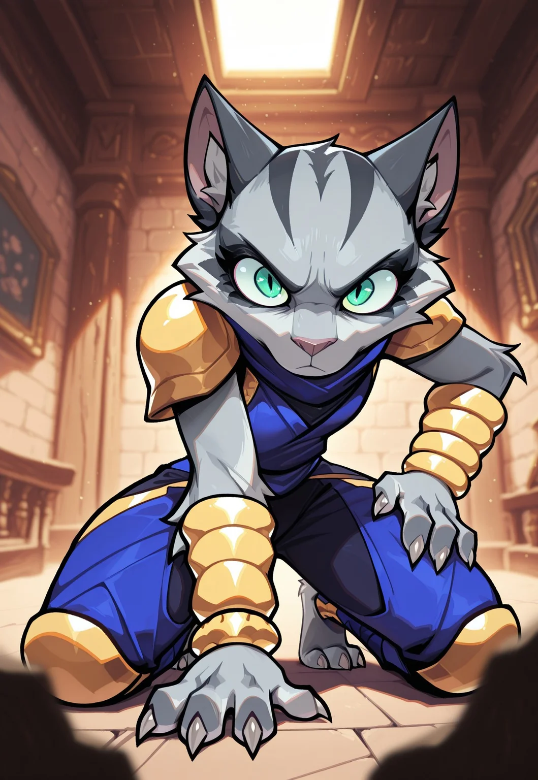 masterpiece, best quality, good quality, very awa, newest, highres, absurdres, highres, very aesthetic, (furry:1.5), fur, fur covered, (no humans:1.3). LeIsT0_illu, CuteToon_ST, HBKeenieILL,
BREAK,
1girl, solo, furry anthro, cute, large expressive eyes, asuri_brawlhalla, felid, body fur, fur, clothing, hi res, looking at viewer, claws, armor, jewelry, bracelet, scarf, crouched, on knees, hand on hip, hand on thigh,
BREAK, indoors, high contrast lighting, complementary colors, dynamic lighting, harsh light, depth of field, detailed background, evocative composition, dynamic contrasts