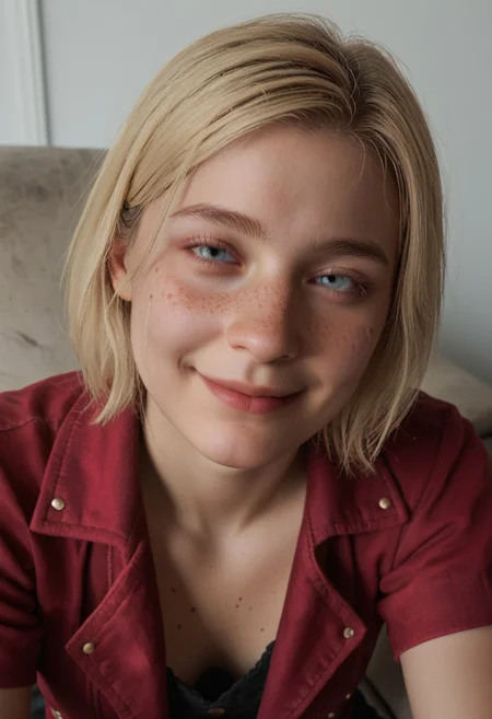 score_9, score_8_up, score_7_up Maria blonde hair freckles sitting in a chair relaxed up close eyes on viewer light smile