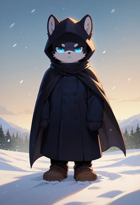 score_9, score_8_up, score_7_up, best quality, masterpiece, 4k, perfect lighting, very aesthetic, anime, anime coloring, official art, anime screencap,
OverallDetail, fFaceDetai,
1boy, furry, solo, front view, snow, snowstorm, expressionless, standing on snowfield, hills, in a meadow, in winter, 
 <lora:fallkick1:1> fallkick(blue eyes, black fur, no hair, black belly, black cape),