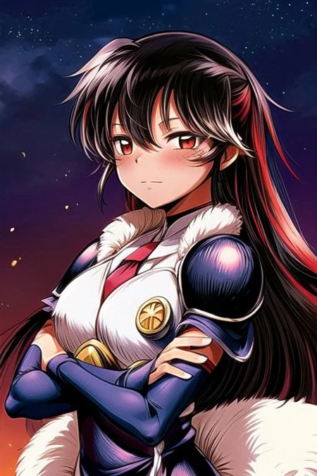 best quality 1girl Setsun4 solo long hair, (night time) forest background black hair very long hair purple eyes multicolored hair armor, small, (fur trim) (medium body),<lora:EMS-179-EMS:0.800000>,<lora:EMS-293862-EMS:0.800000> bow, hair_bow, hair_tubes, red_bow, brown_hair, long_hair, bangs, ascot, frilled_bow, yellow_ascot, blush, smile, hair_between_eyes, athletic, armor, miko, strengthmda, crossed arms, Smiling, happy