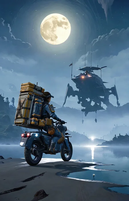 a lovely fascinated girl carries a sizable cargo while wielding a firearm, encapsulating the game's unique blend of isolation and combat., a vast, A moonlit lake, with fog rolling over the water and mysterious shapes beneath the surface sky ,moon just appeared ,Command base in background, a girl wearing with armor,weapon, headgear,motocycle bpk, backpacker, <lora:BPKXLV1-000003:0.8>