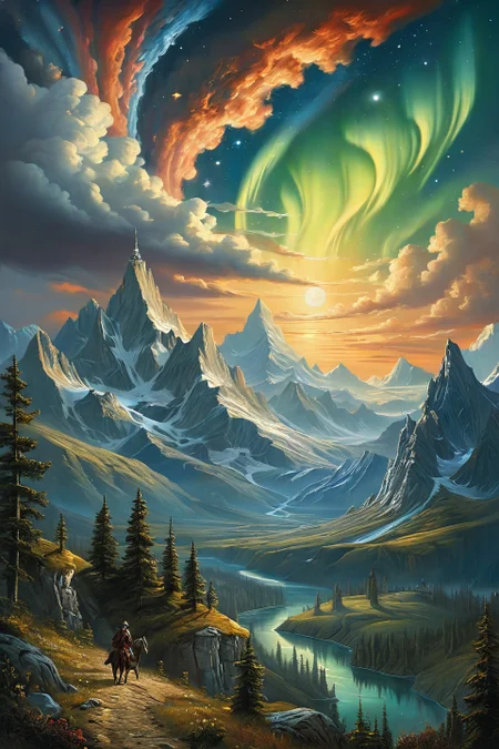 Baroque, Baroque, landscape,creator landscape,celestial mountain ranges piercing stratospheric clouds illuminated by aurora borealis fractals, geological time scales materializing through glacial erosion patterns under skies where dark matter constellations pulse rhythmically,
<lora:clear:0.15> style of Michael Cheval.
<lora:greg_rutkowski_xl_2:0.3> greg rutkowski,
clear <lora:tbh129-sdxl:0.3>,
<lora:extremely_detailed:0.7> extremely detailed ,
<lora:add-detail-xl:0.7>,, Fantasy painting art style, imaginative, dynamic composition, professional-grade execution, creates immersive world and landscape, painterly, epic, magical, dramatic, exuberant, grandeur, baroque art, oil painting art style from Renaissance period, masterful composition, Renaissance mood, renaissance oil painting, brush strokes, dramatic, exuberant, grandeur, baroque art