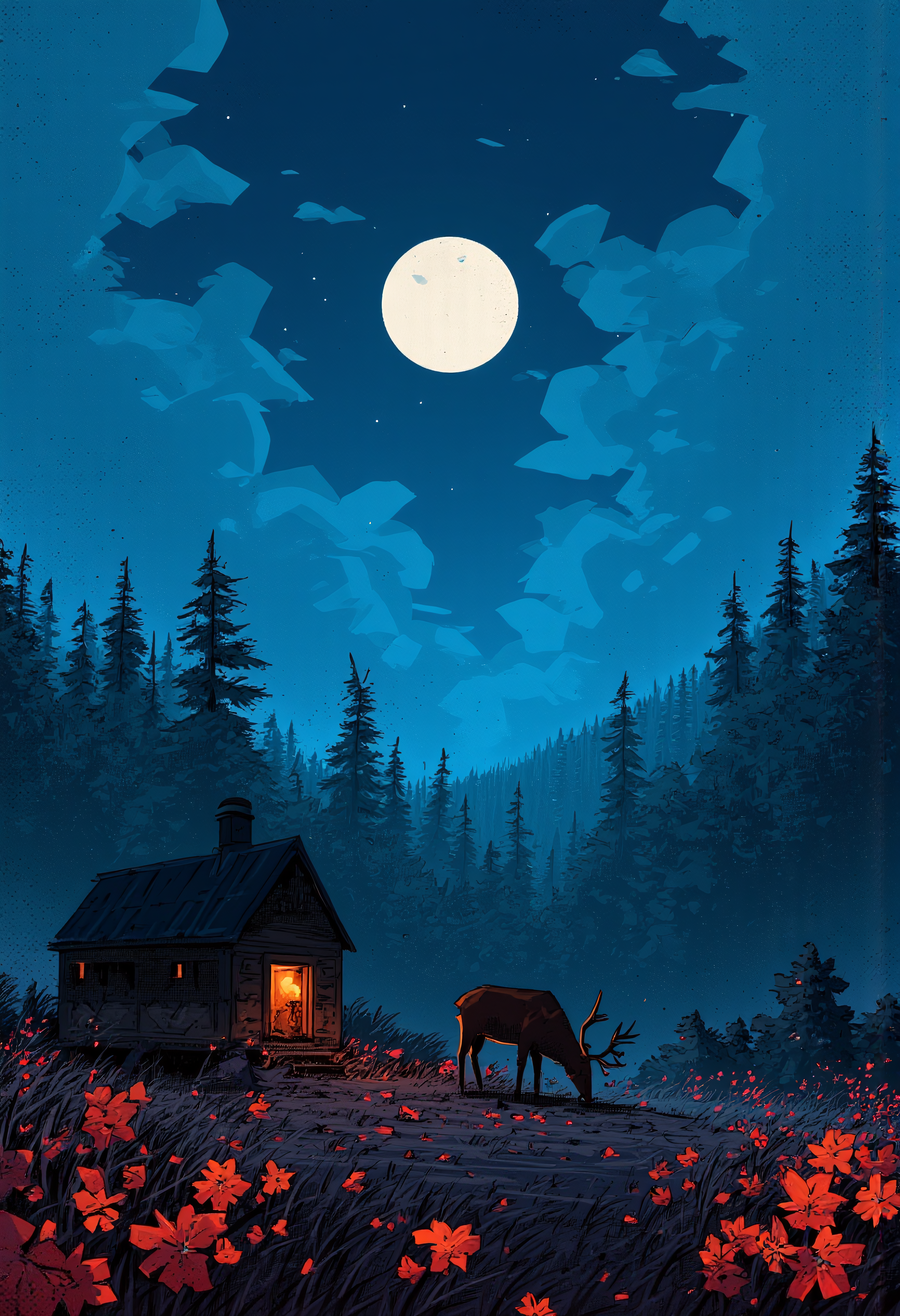 A deer grazing illuminated by the full moon grazing in the foreground of a lone cabin in the Blue Mist Mountain, colorful glowing flowers scatter the field, colorful scenery, vibrant glow, By Alex Vede, illustration