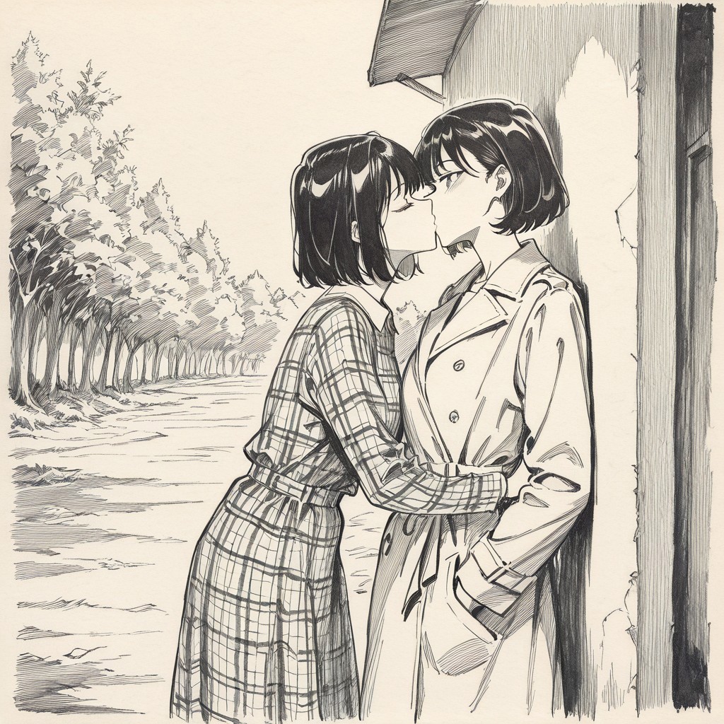 (masterpiece, newest, high quality, best quality, very awa, very aesthetic, sketch, traditional media, monochrome), Esoper_style, 2girls, kissing, yuri, 1girl, short hair, dark hair, overcoat, 1girl, bob hair, bangs, leaning against wall, plaid dress, outdoors, depth of field, 8k uhd, absurdres, tack sharp focus, beautiful composition, professional illustration