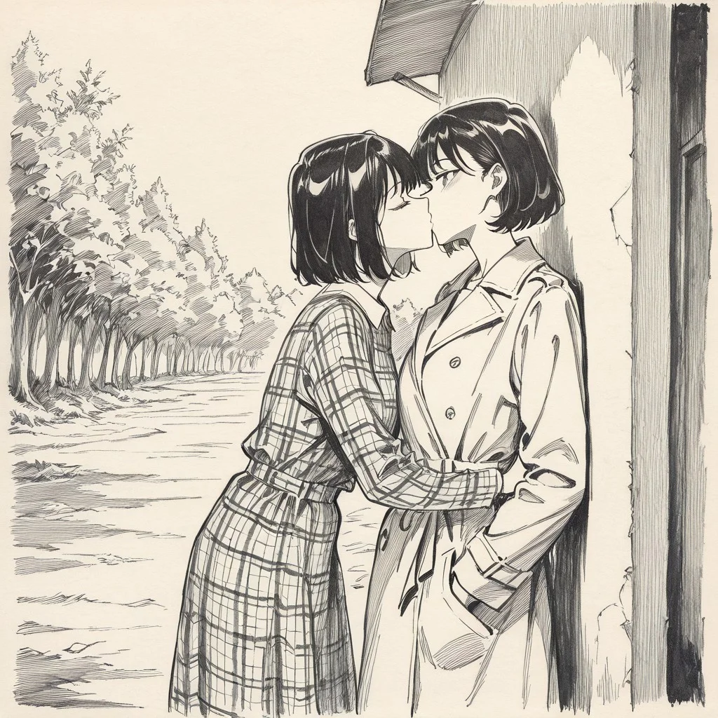 (masterpiece, newest, high quality, best quality, very awa, very aesthetic, sketch, traditional media, monochrome), Esoper_style, 2girls, kissing, yuri, 1girl, short hair, dark hair, overcoat, 1girl, bob hair, bangs, leaning against wall, plaid dress, outdoors, depth of field, 8k uhd, absurdres, tack sharp focus, beautiful composition, professional illustration