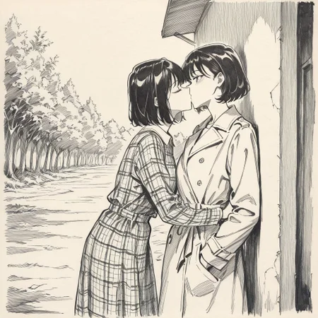 (masterpiece, newest, high quality, best quality, very awa, very aesthetic, sketch, traditional media, monochrome), Esoper_style, 2girls, kissing, yuri, 1girl, short hair, dark hair, overcoat, 1girl, bob hair, bangs, leaning against wall, plaid dress, outdoors, depth of field, 8k uhd, absurdres, tack sharp focus, beautiful composition, professional illustration