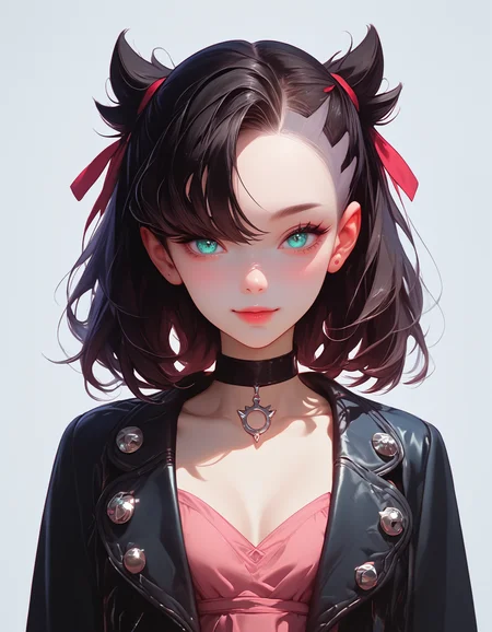 zPDXLxxx, Expressiveh,
Marnie_(Pokemon), aqua eyes, black choker, red ribbon, pink dress, jewelry, black jacket, open clothes, long sleeves, black hair,
small breasts, natural sagging breasts,
score_9, score_8_up, score_7_up,score_6_up,
highres, high quality, perfection, masterpiece, detailed, source_anime, simple white background, 1girl, solo, front view portrait, face focus, intricate features, beautiful, girl, young adult, youthful, petite body, detailed face, beautiful face, innocent face, eyelashes, perfect eyes, detailed eyes, medium breasts, clothed, standing, smiling, looking at viewer,
