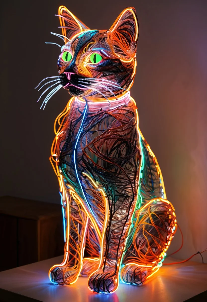 (HD, masterpiece, best quality, ultra detailed), pg-rated, cat, neon, wires, made of wires, cables, outlined with wires and neon, neon outlines, wire sculpture, neon wire sculpture