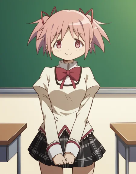 score_9, score_8_up, score_7_up, source_anime, <lora:madoka-kaname-s1-ponyxl-lora-nochekaiser:1>, madoka kaname, short hair, ribbon, twintails, hair ribbon, pink hair, pink eyes, short twintails,, skirt, school uniform, mitakihara school uniform, puffy sleeves, plaid skirt, pleated skirt, bowtie, red bowtie, classroom, desks, chalkboard, students, teacher, smile, v, v over mouth, smug,, looking at viewer, solo,, dutch angle, cowboy shot