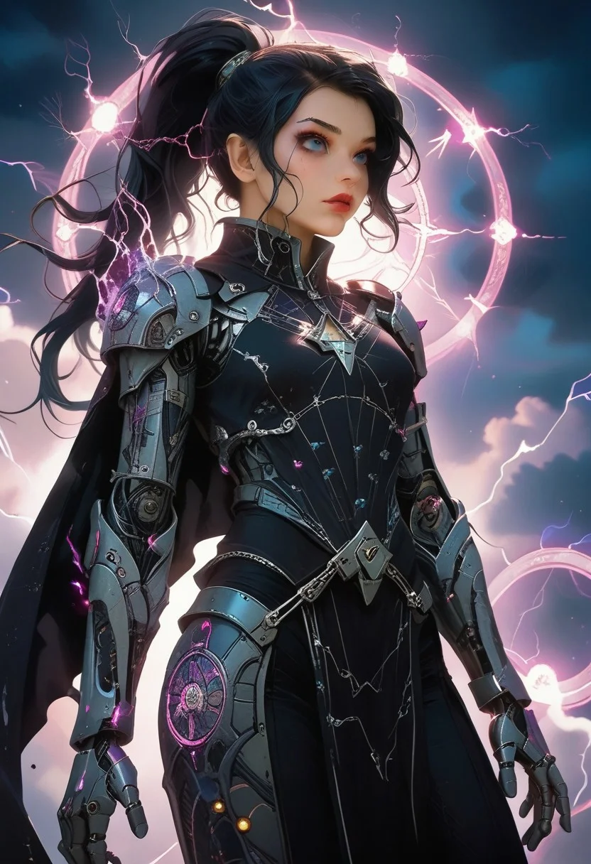 high res, beautiful, colorful, vibrant colors, cinematic lighting, beautiful face, beautiful eyes,
1girl, solo, ArielWaifu, ((black hair:1.2), (long ponytail:1.1)), heavy makeup, hud_wrlck, fishnets, black lips, black dress, pelvic curtain, cape, cyborg hands, boots,
(sea:0.8), (floating midair:1.2), surrounded by colorful magic, storm, dark clouds, lightning, low view engle, style-nebmagic, view from afar, magic circle, magic circles, magic array
