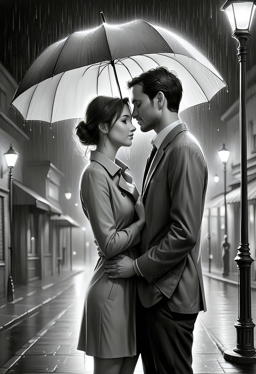 Jed-Pen,
A couple stands close under a shared umbrella, their foreheads touching as rain drips down its edges. The soft, diffused glow of street lamps surrounds them, turning the moment into an intimate embrace against the storm.